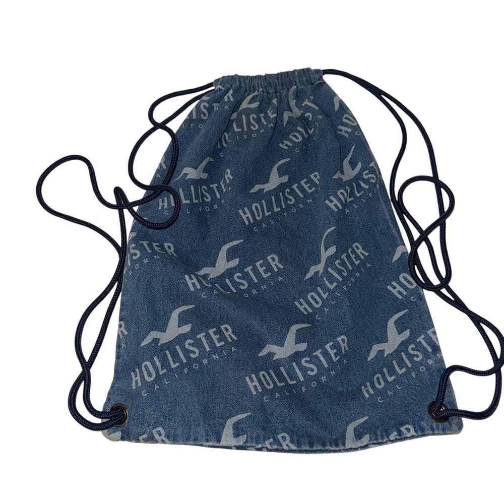 VNTG HOLLISTER Y2K Denim Blue Logo Drawstring Backpack